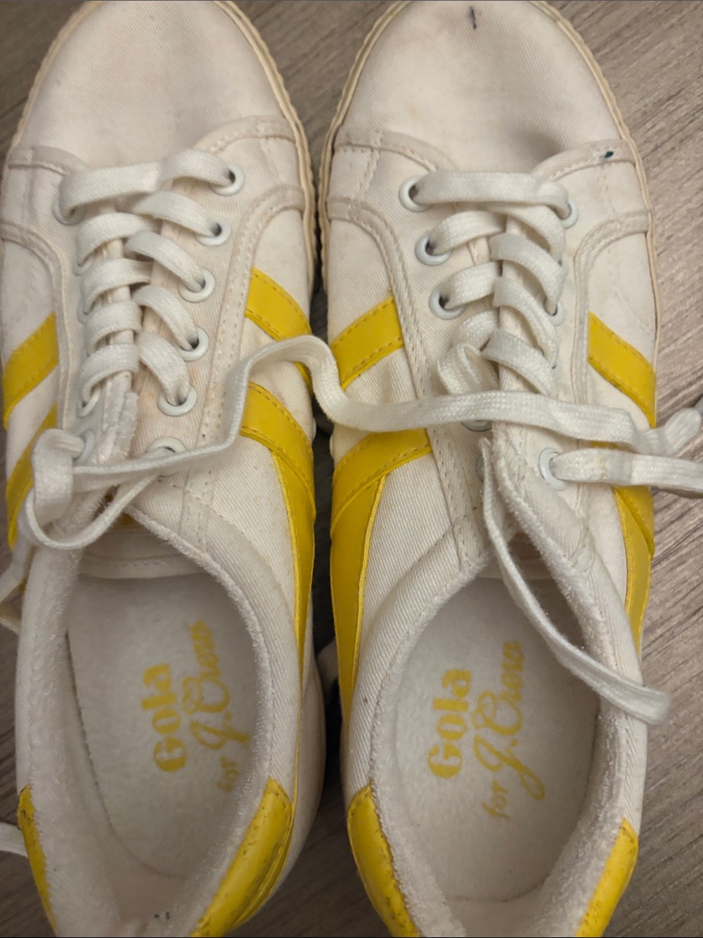 Women's White Canvas Sneakers with Yellow Stripes